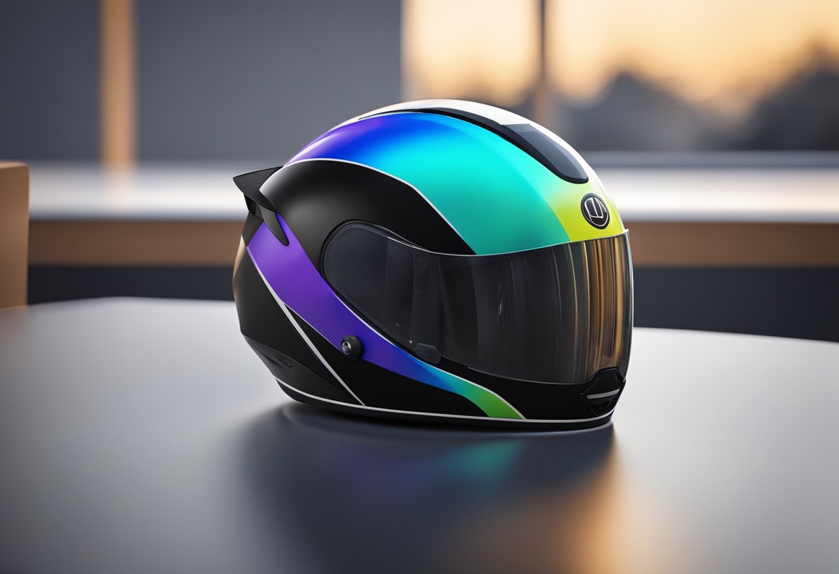 A sleek road bike helmet sits on a clean, modern table. Its aerodynamic shape and vibrant colors catch the light, showcasing its stylish design