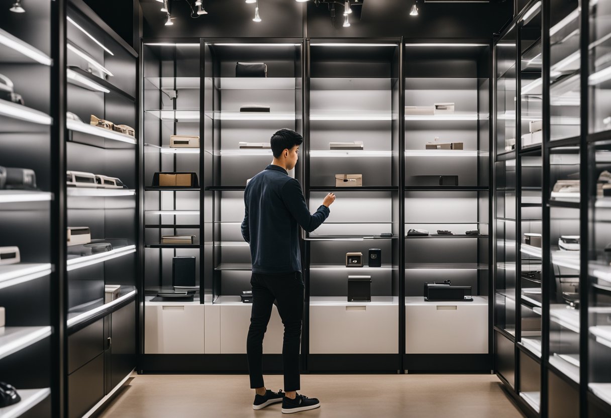 A person browsing through various storage furniture options in a modern Singapore showroom
