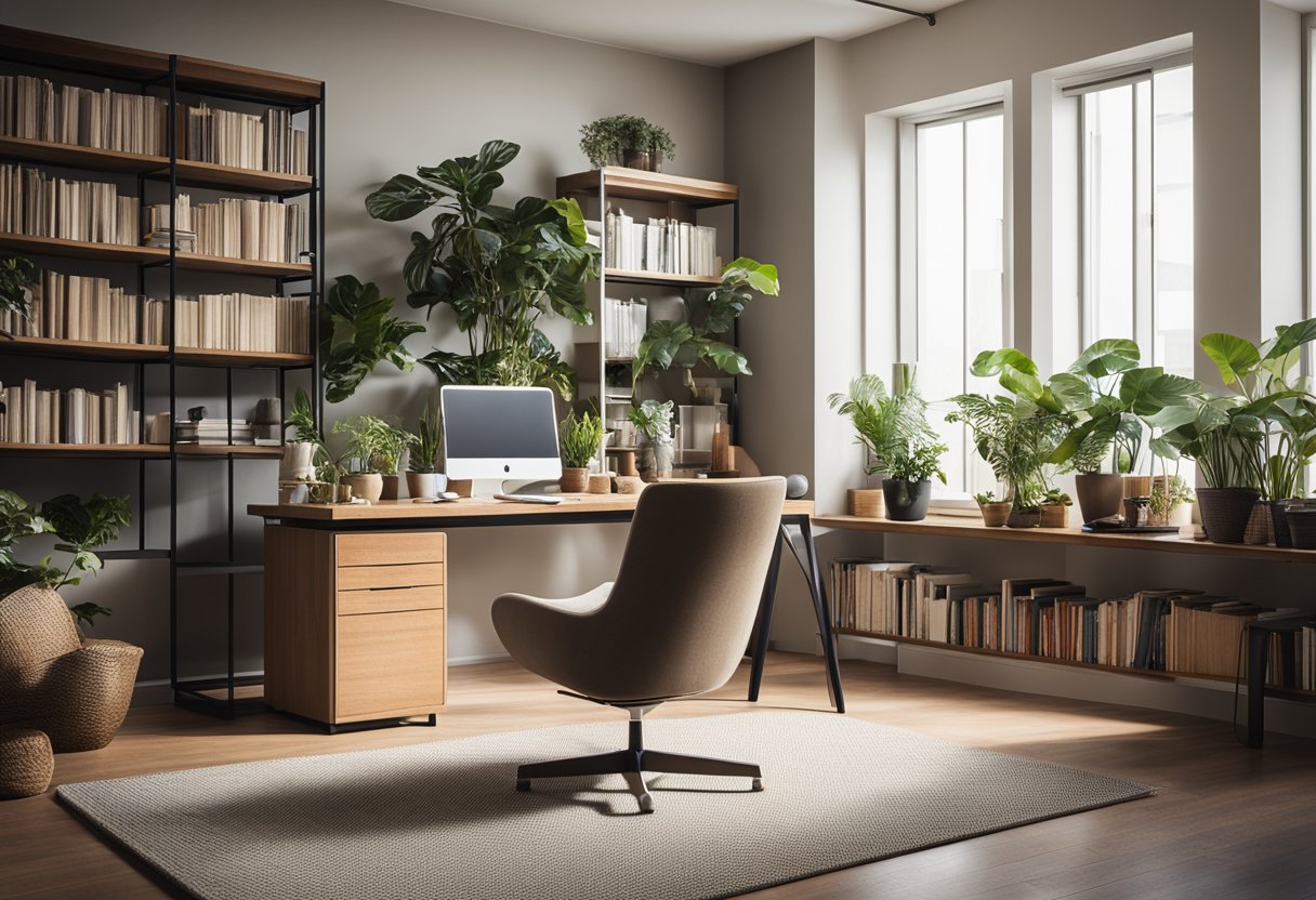 A warm, well-lit office space with a plush rug, comfortable chair, and a small bookshelf filled with plants and books