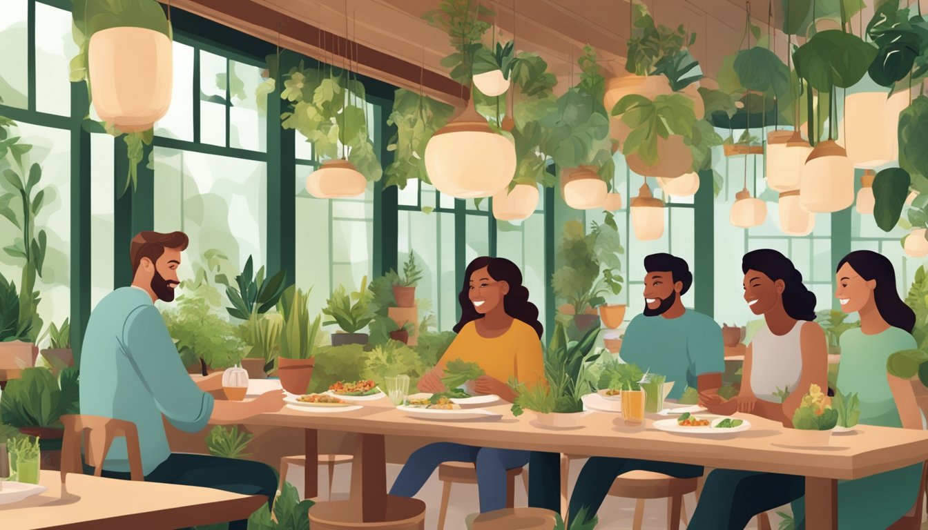 Customers enjoying plant-based dishes in a cozy, eco-friendly restaurant decorated with sustainable materials and lush greenery