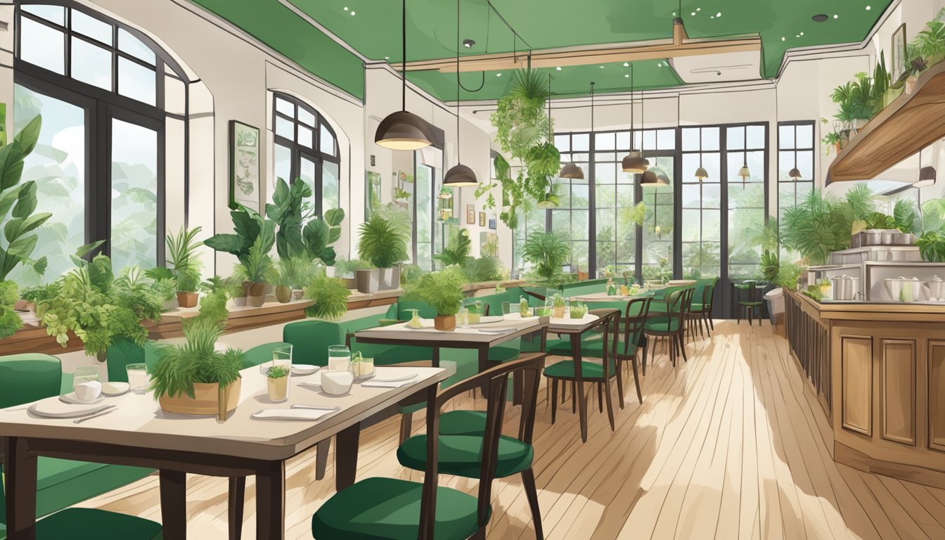A bustling restaurant with a green and white color scheme, featuring a variety of plant-based dishes and a friendly, welcoming atmosphere