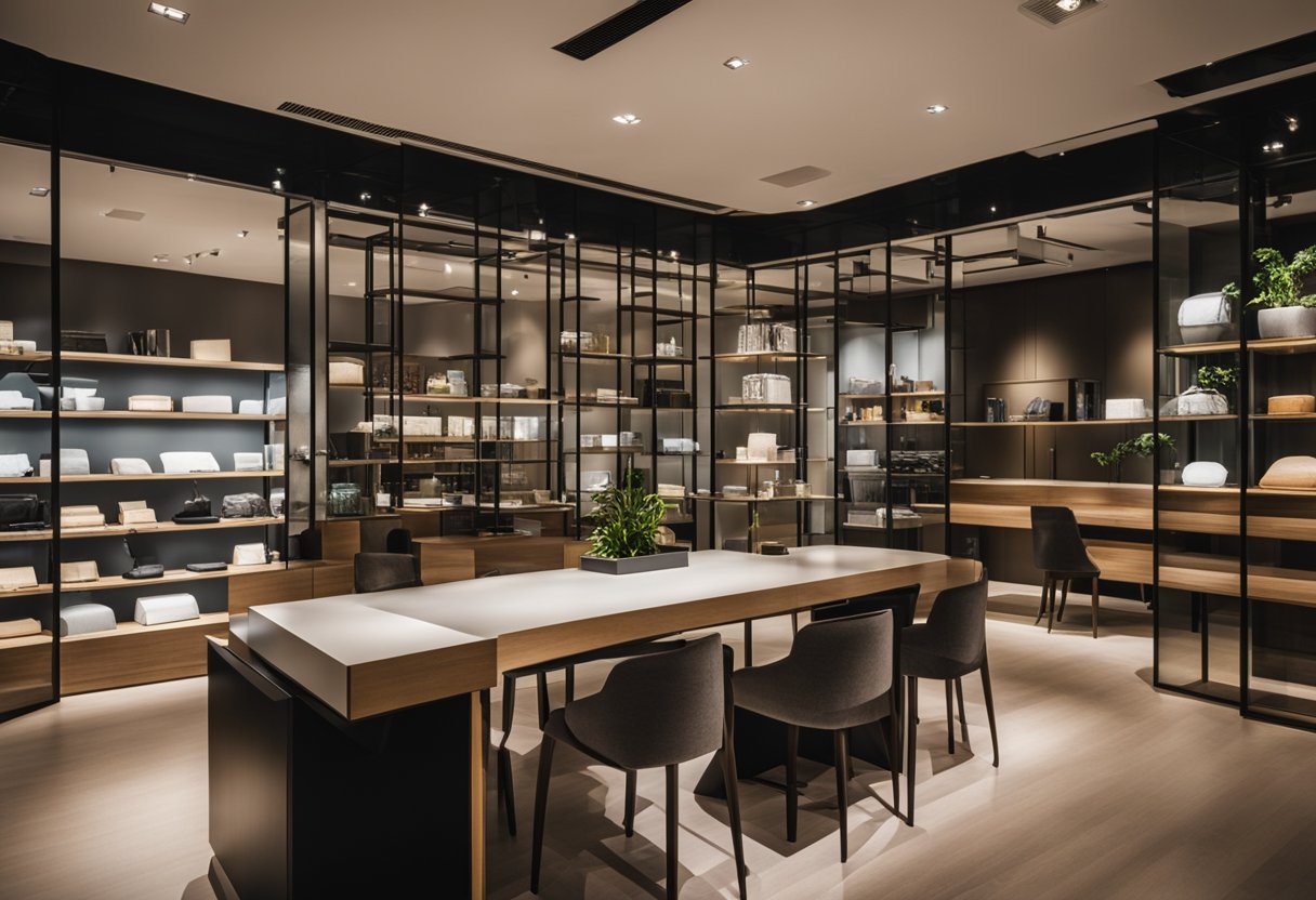 A sleek, modern furniture store in Singapore, with bright lighting and stylish displays
