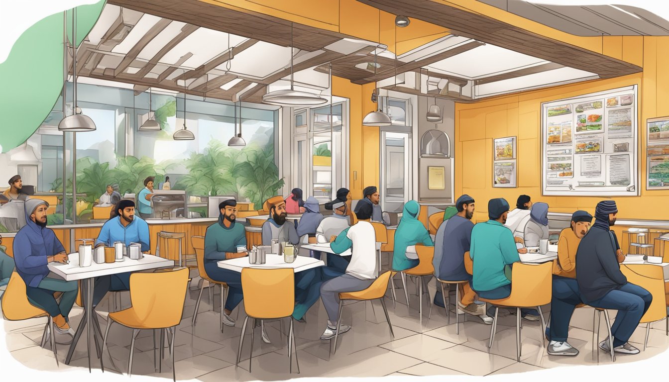 A bustling qtech cafe with halal menu, patrons asking questions