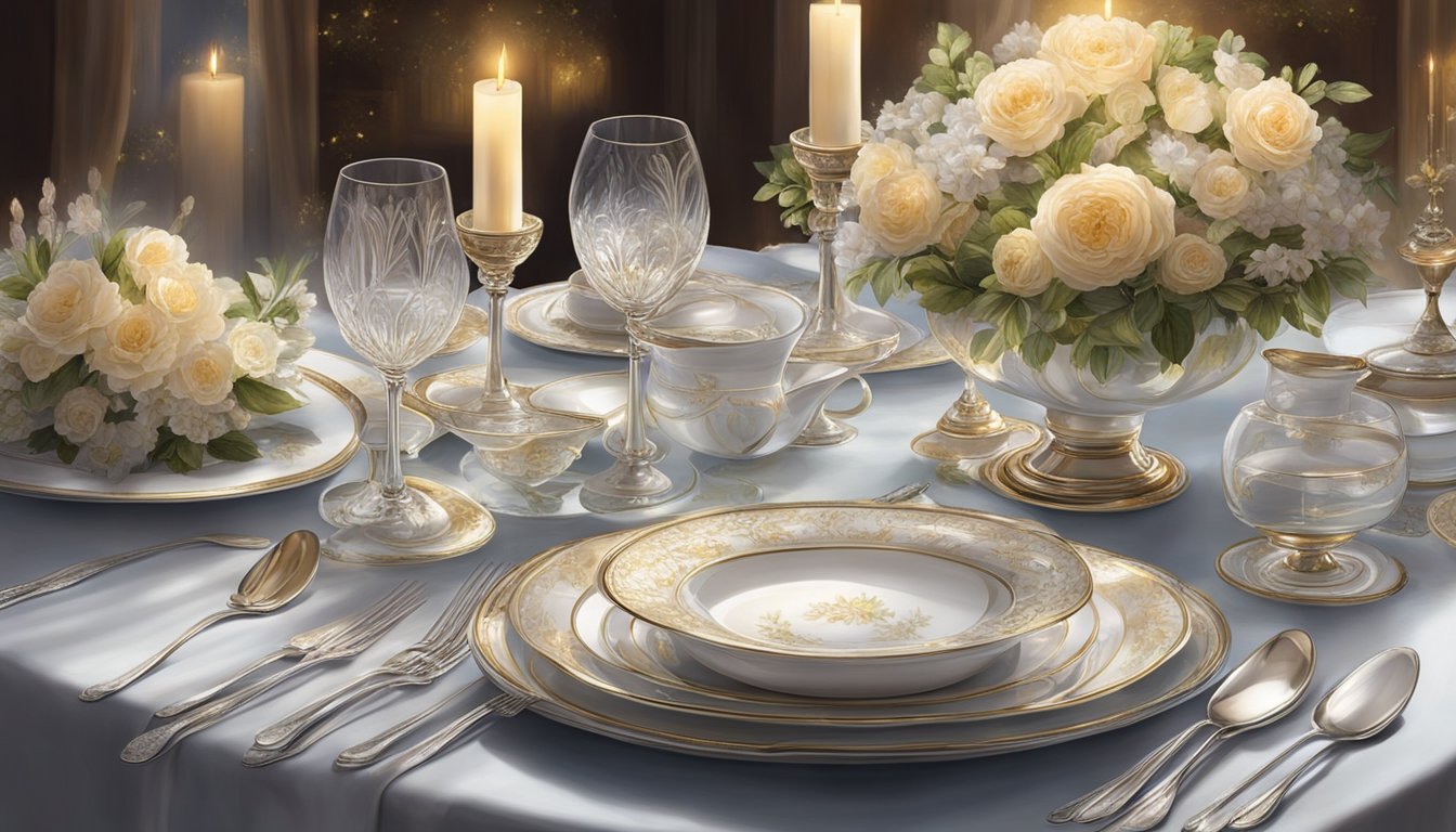 Elegant table setting with fine china, crystal glasses, and silver cutlery. Soft candlelight illuminates the exquisite floral centerpiece. Rich, sumptuous dishes are artfully presented on the table