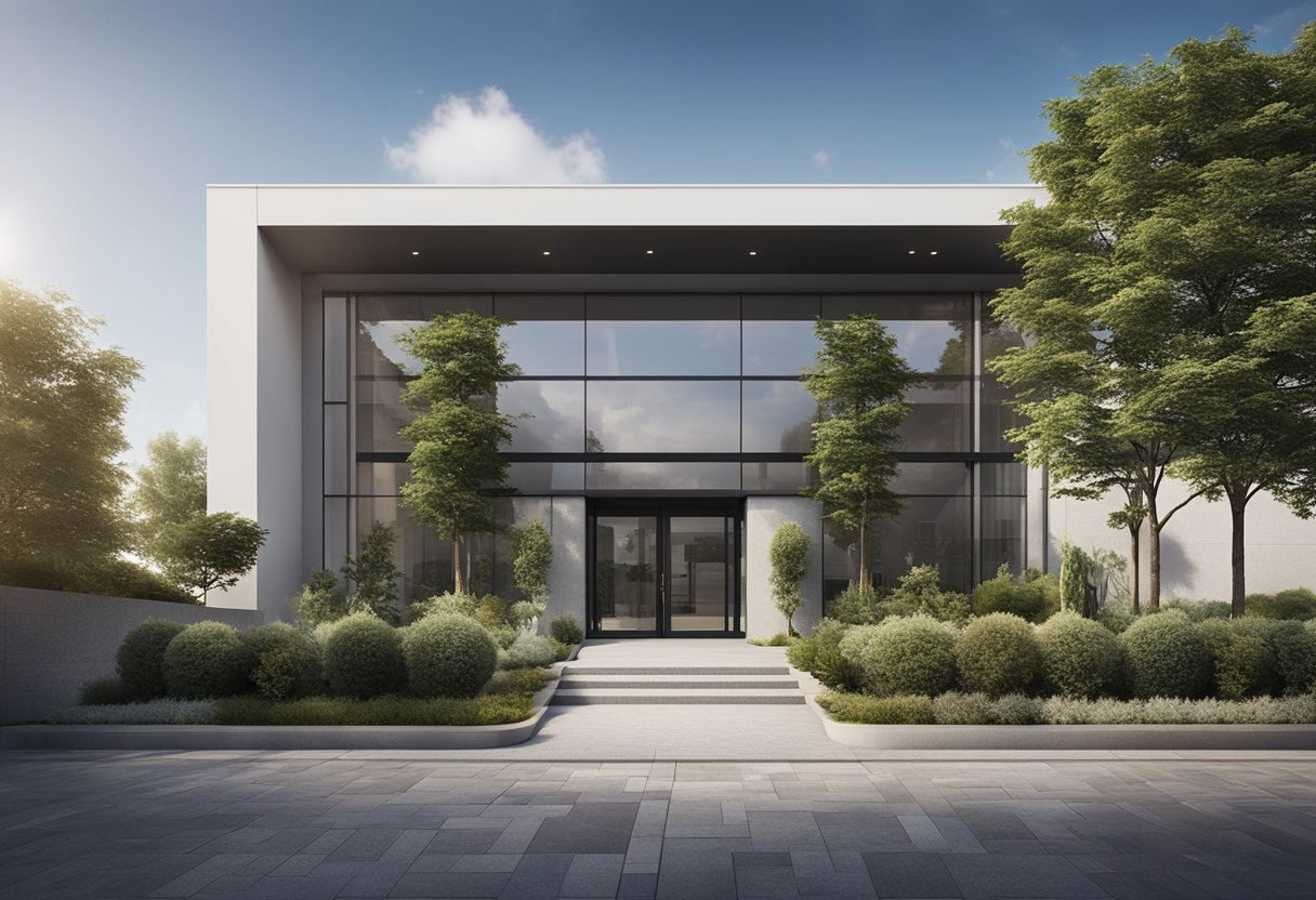 The small office exterior features a modern facade with large glass windows, a sleek entrance door, and minimalistic signage. Surrounding landscaping includes a mix of greenery and stone pathways