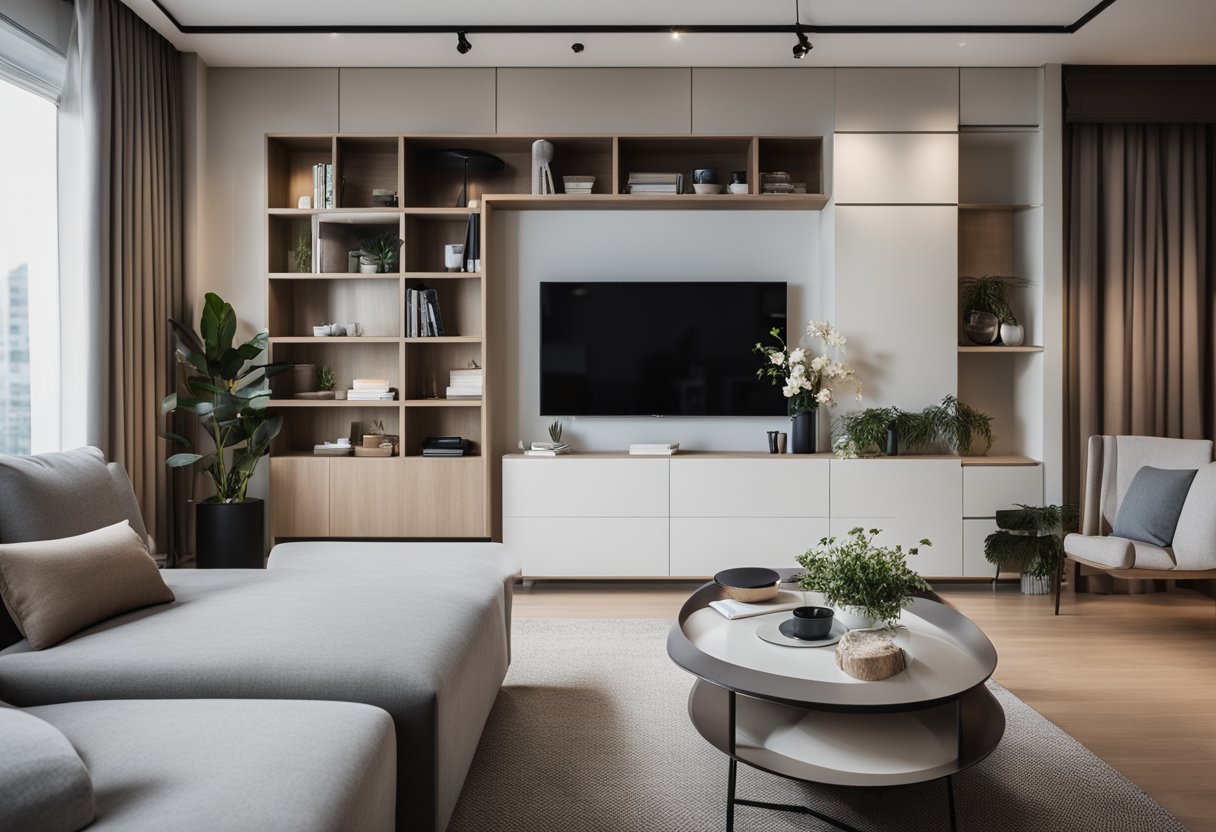 A modern, organized living room with sleek storage furniture in Singapore. Budget-friendly and tailored to fit various lifestyles