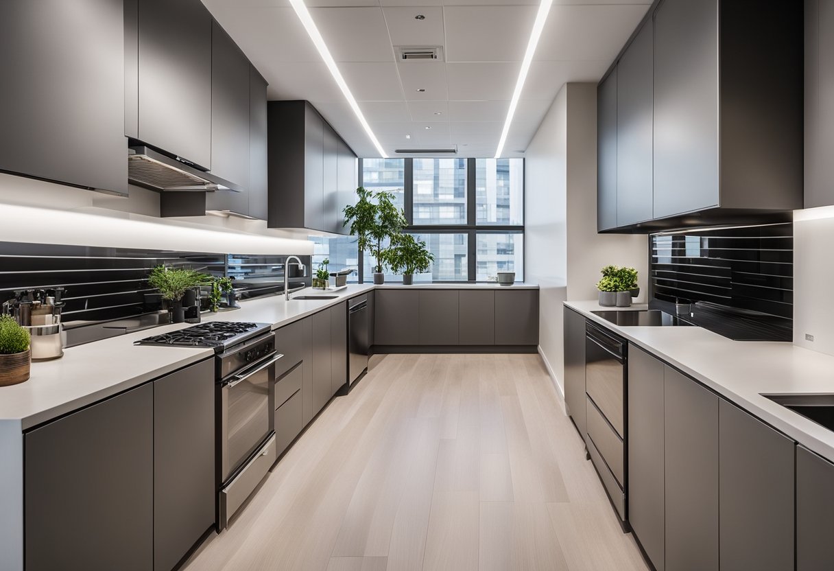The small office kitchen features sleek, modern appliances, a compact dining area, and ample storage space. The design is minimalist yet functional, with clean lines and neutral colors