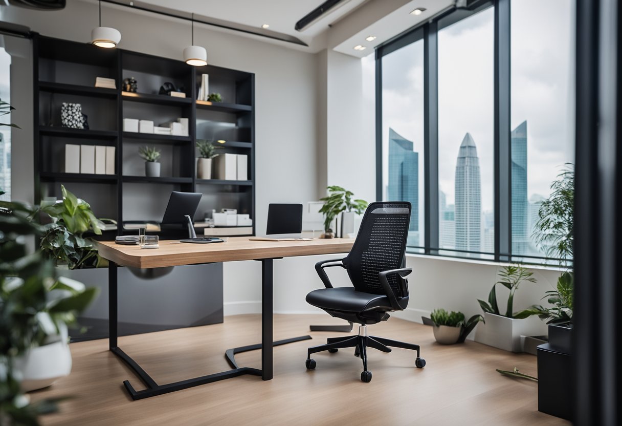 A sleek, modern office chair in a designer workspace in Singapore. The chair is made of high-quality materials and features a stylish, ergonomic design