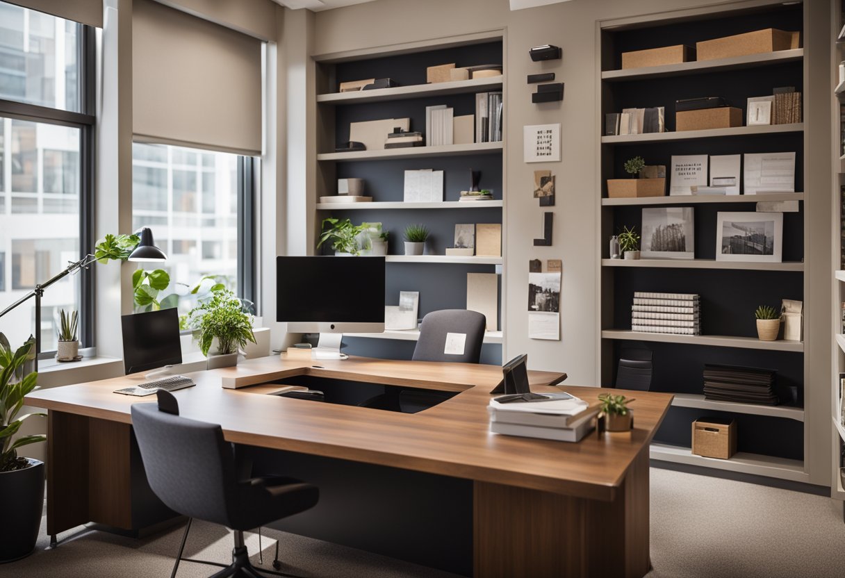 A warm, inviting office space with comfortable seating, a clutter-free desk, and soft lighting. A bookshelf filled with reference materials and a bulletin board displaying helpful information