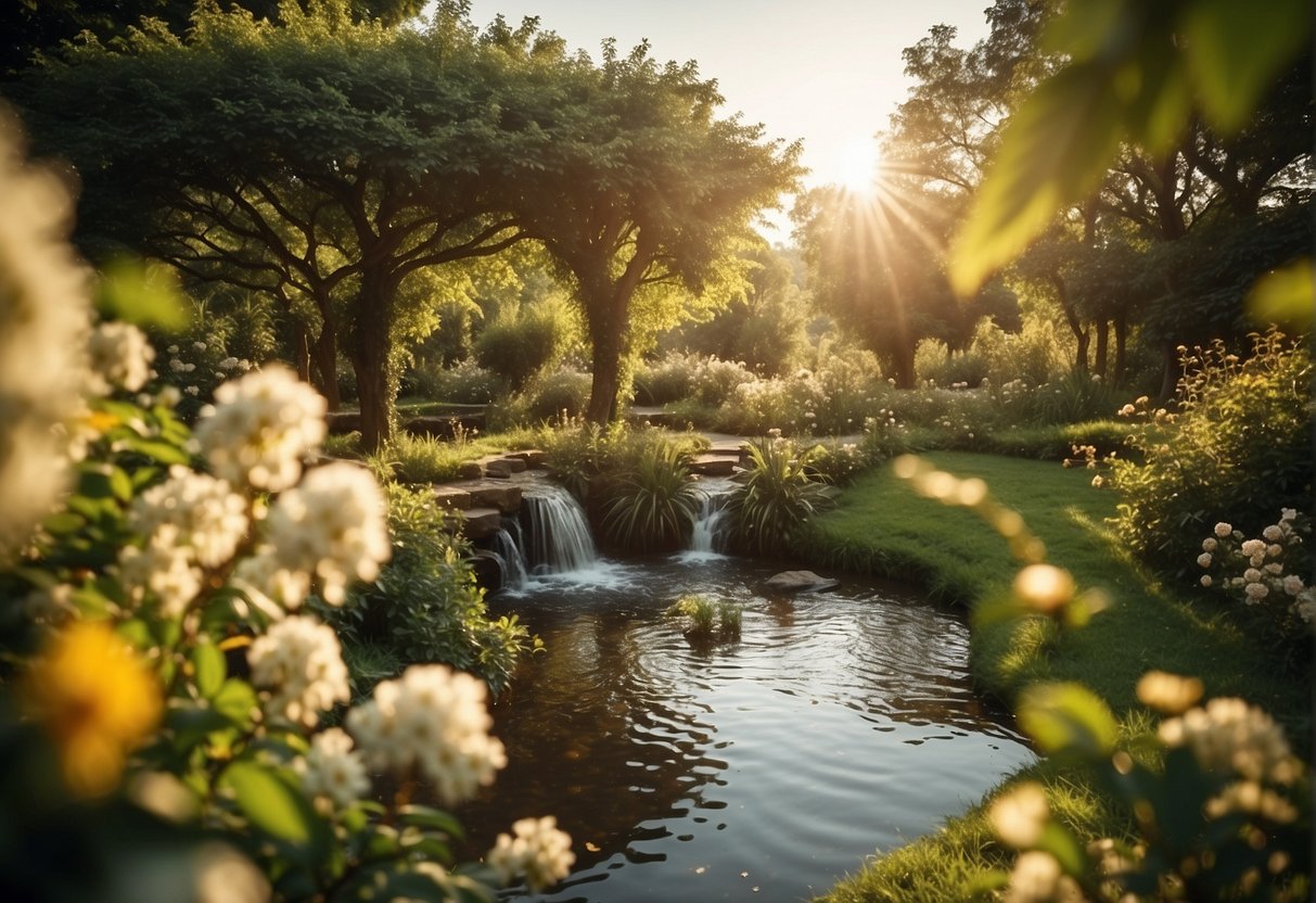 Affirmations For Abundance: A lush garden with blooming flowers, ripe fruit trees, and flowing water, surrounded by a warm, golden glow