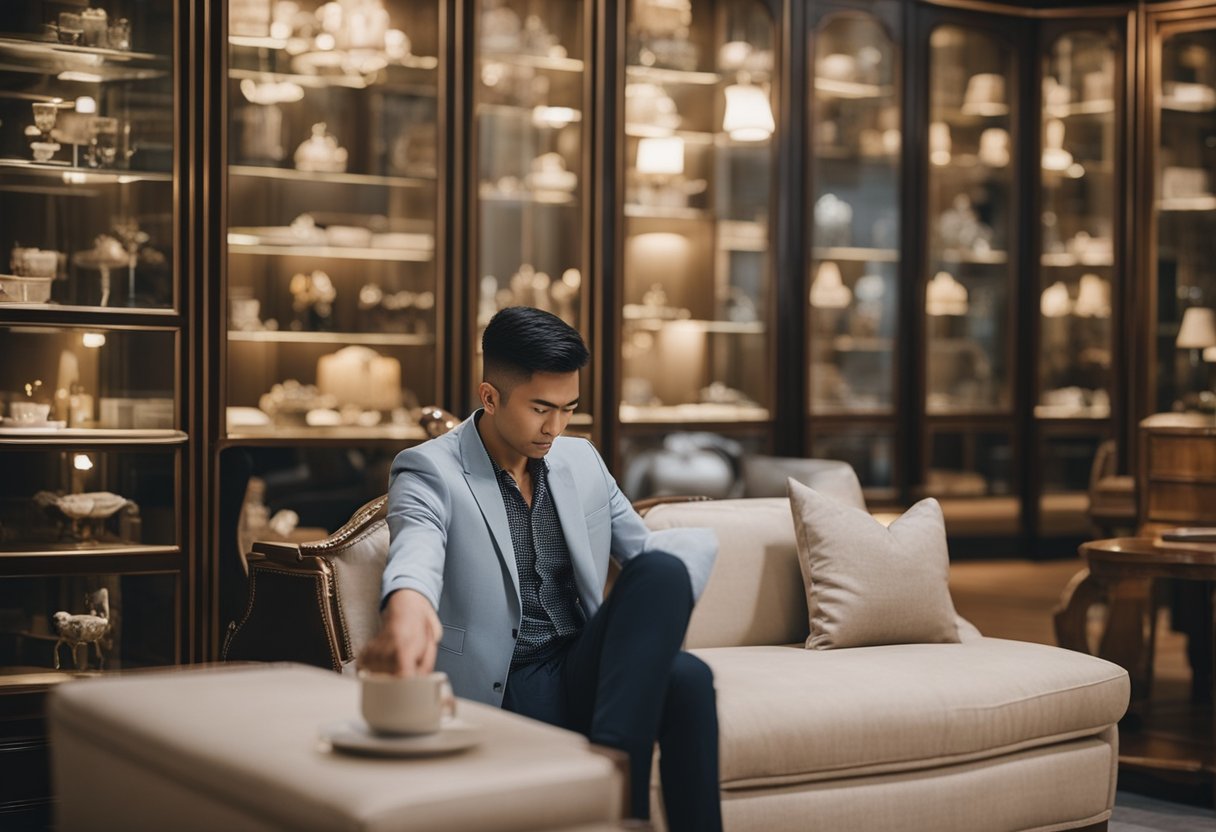 A person carefully chooses classic English style furniture from a showroom in Singapore