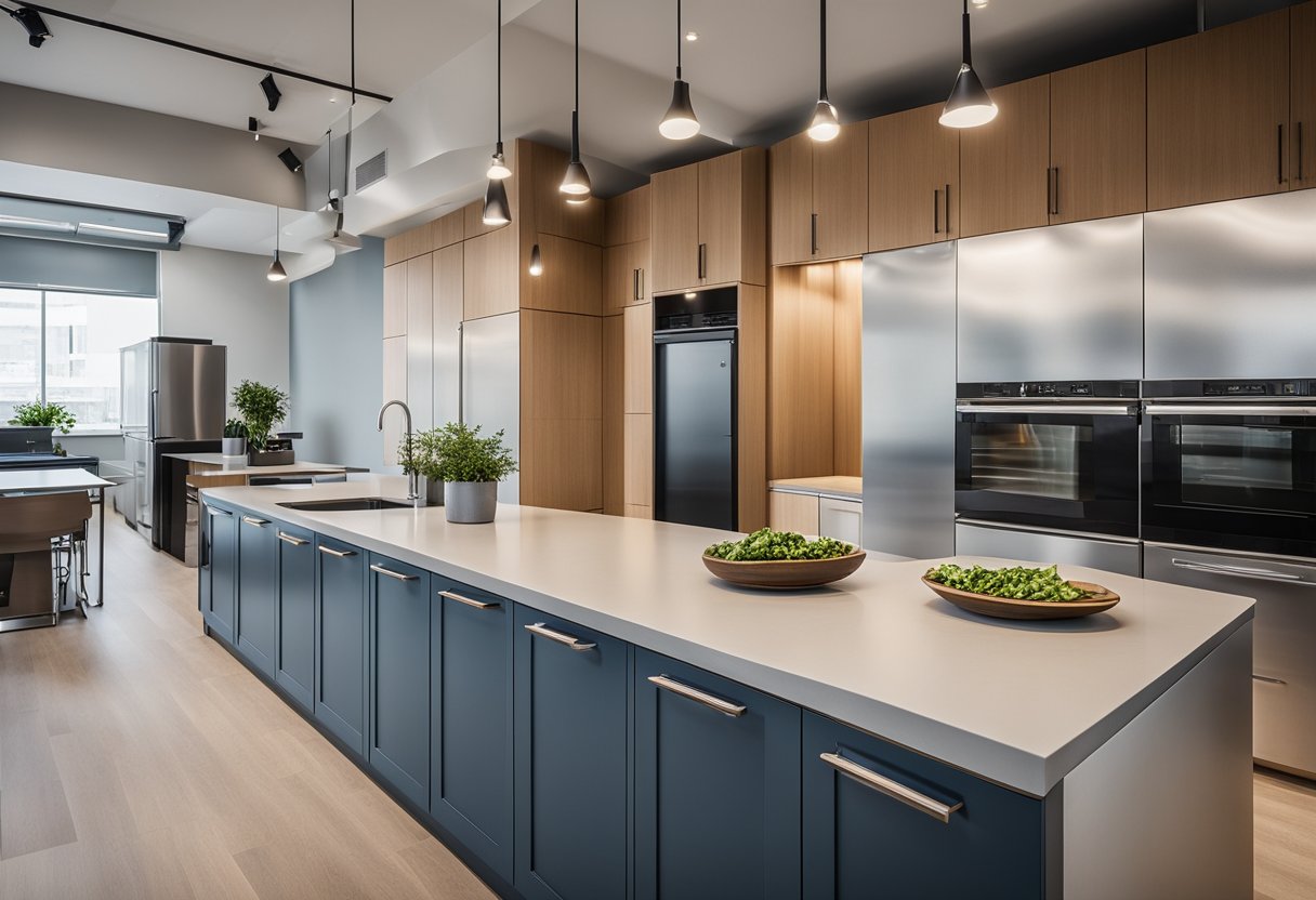 A small office kitchen with sleek, space-saving cabinets, efficient appliances, and a multipurpose island for both food prep and casual dining