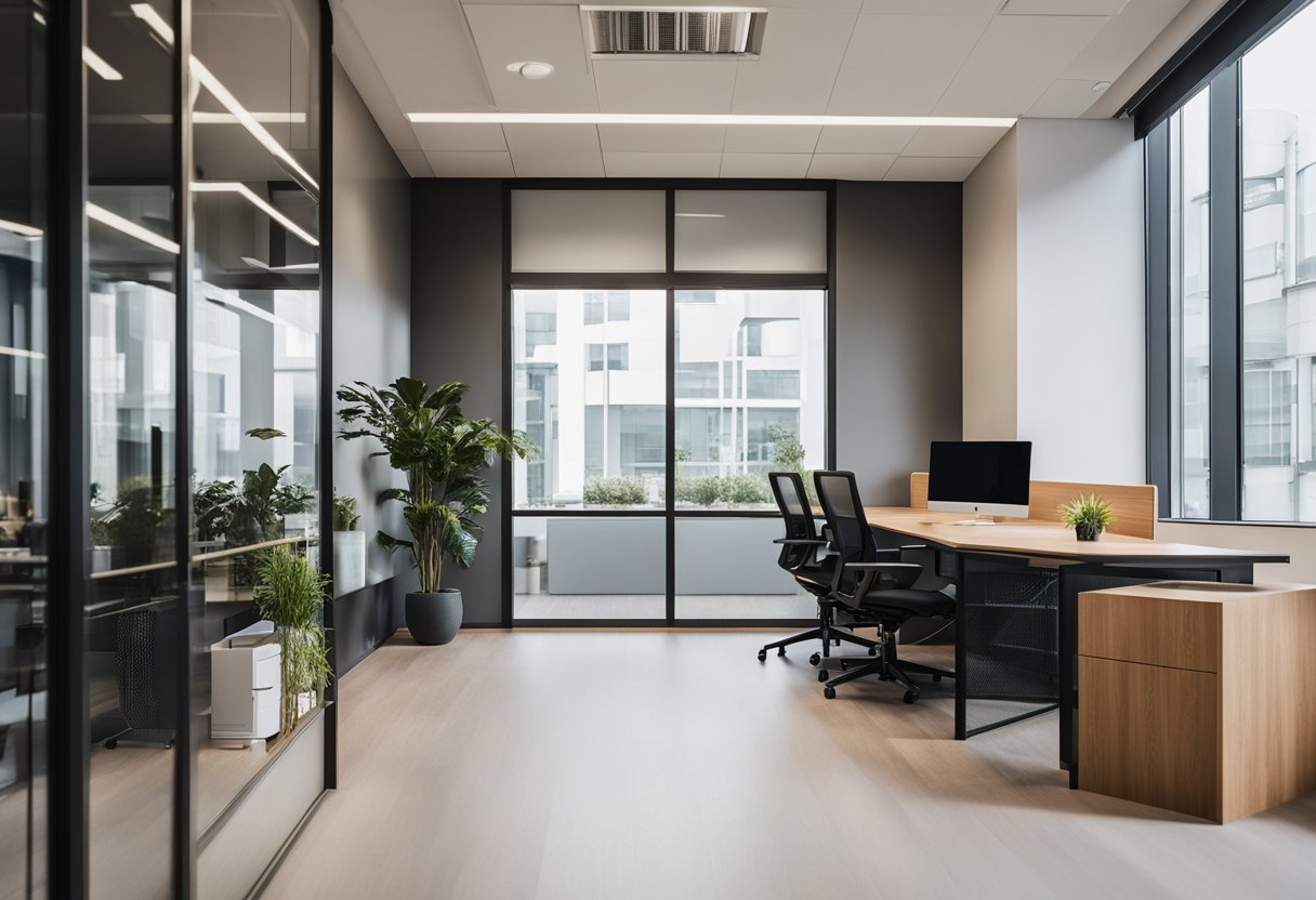 A small office with modern furniture, efficient workspace layout, and ample natural light. Exterior features clean lines, minimalistic design, and a welcoming entrance