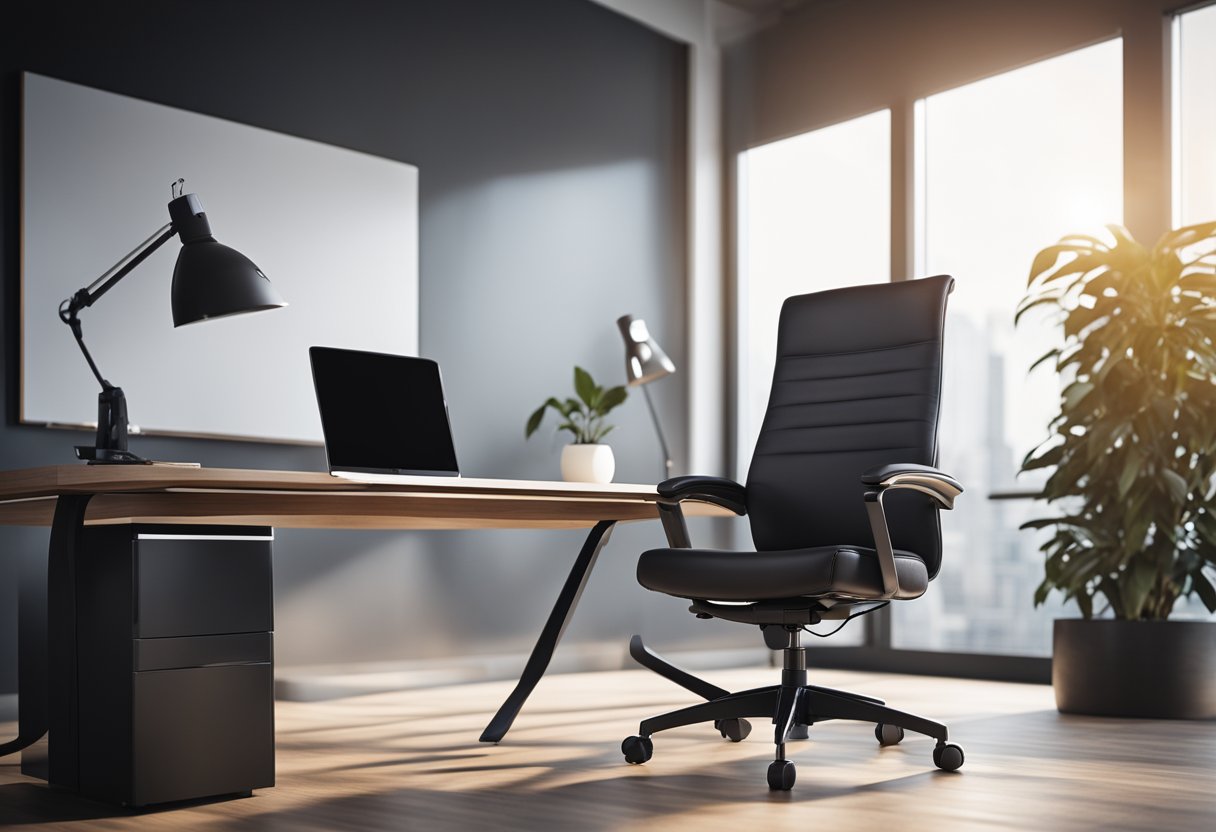 A sleek, modern office chair with ergonomic design and comfort features, set against a backdrop of a stylish and professional workspace