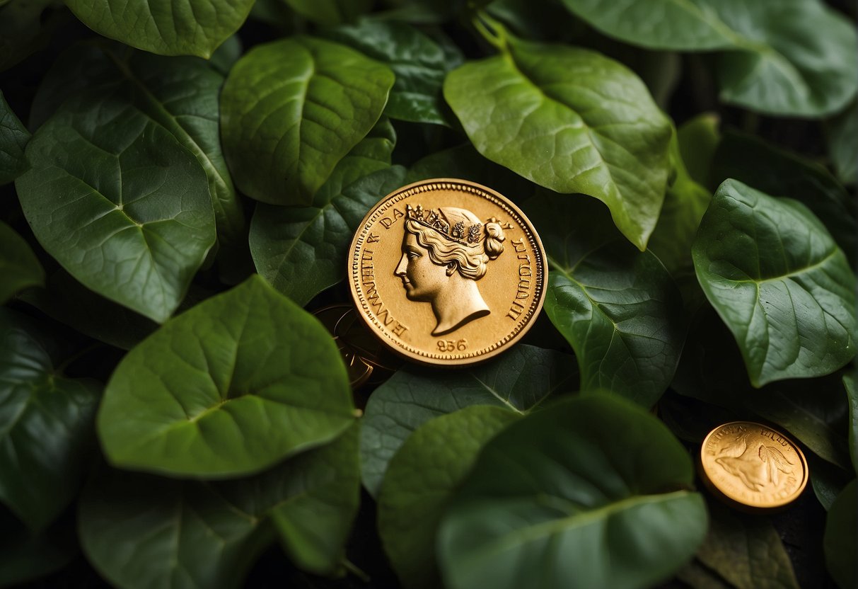 Affirmations For Abundance: Golden coins and vibrant green leaves surround a glowing affirmation for financial and emotional wealth