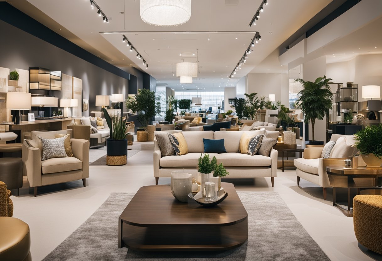 A bustling furniture showroom with modern displays and friendly staff assisting customers. Bright lighting and a wide range of home furnishings on display