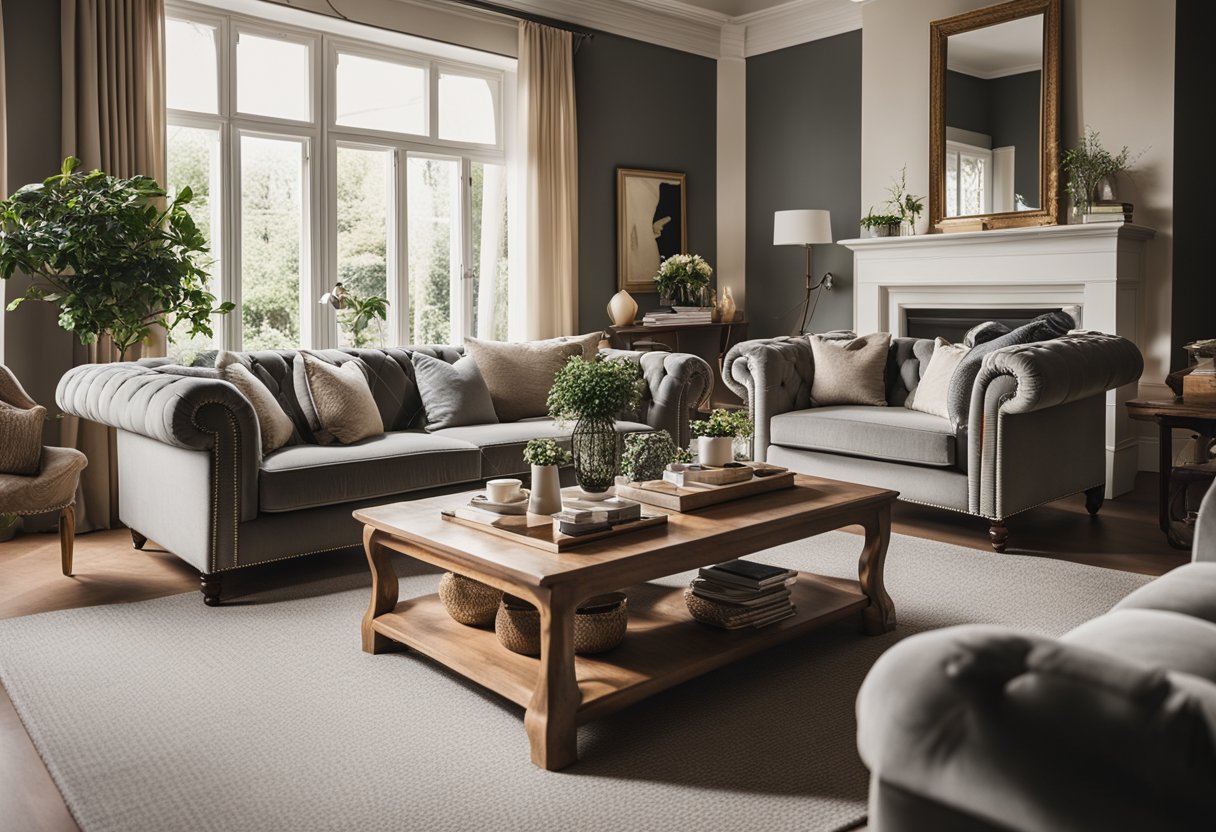 A cozy living room with classic English-style furniture, including a plush sofa, elegant armchairs, and a polished wooden coffee table