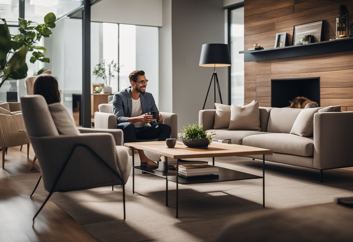 A cozy living room with modern furniture, a sleek coffee table, and a plush sofa. A customer service representative assisting a happy customer