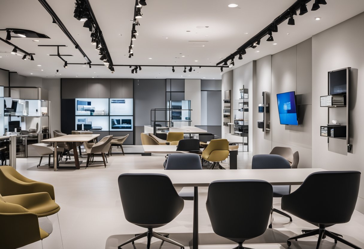 A sleek, modern office showroom in Singapore displays an array of designer chairs in various styles and colors, with price tags and product information neatly arranged for easy browsing