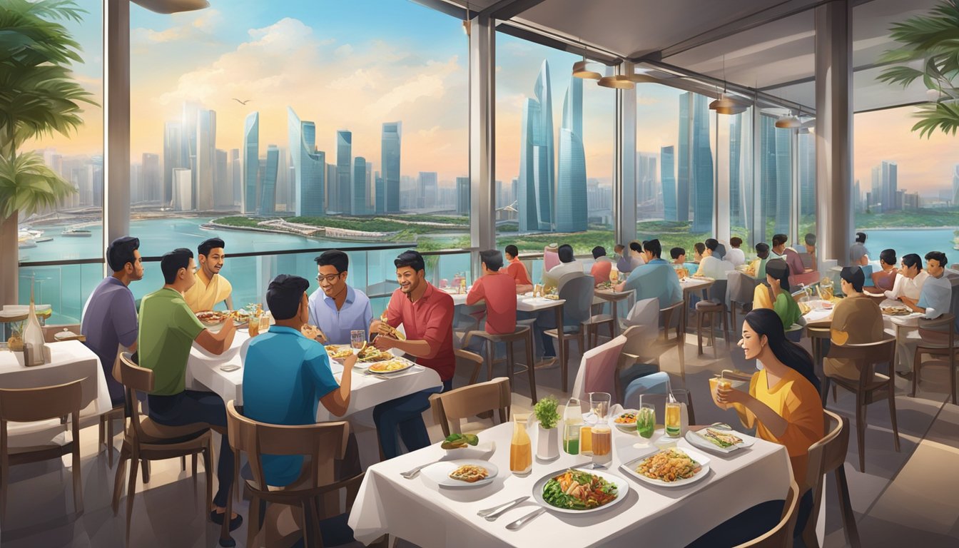 A bustling halal restaurant at Marina Bay Sands, with diners enjoying diverse cuisines and a stunning view of the city skyline