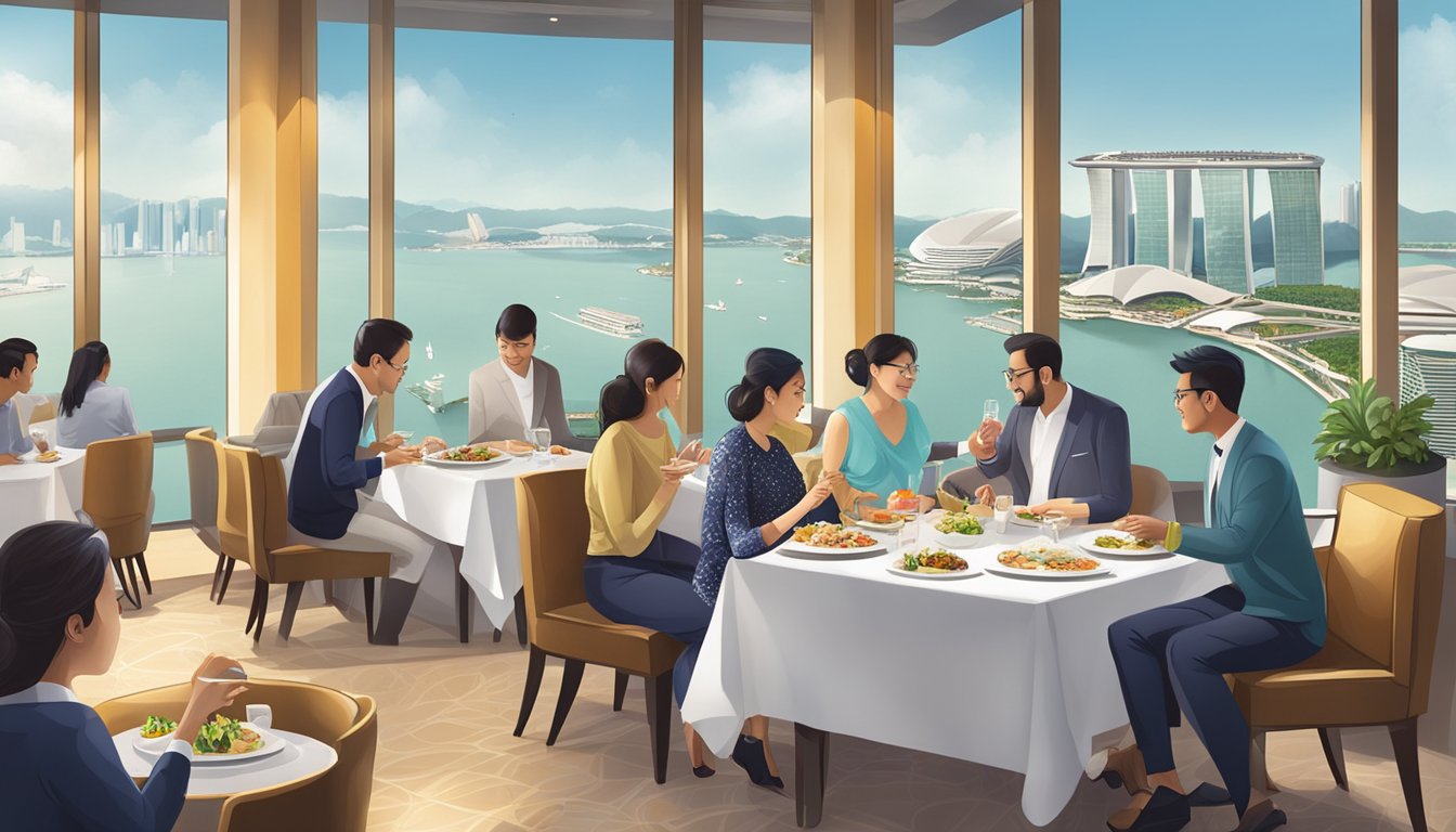 Customers enjoying diverse halal dishes at Marina Bay Sands restaurant, with a panoramic view of the bay and elegant interior decor