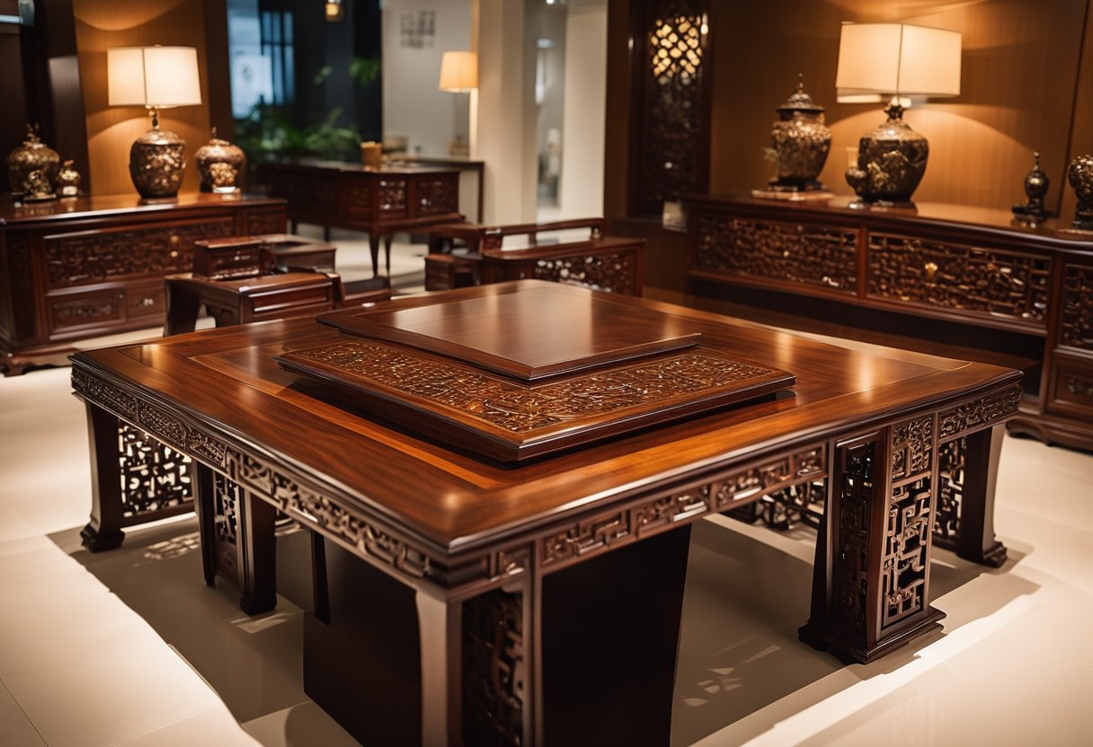 A luxurious Chinese rosewood furniture set in a spacious, well-lit showroom in Singapore. The rich, dark wood gleams under the lights, showcasing intricate carvings and elegant, traditional designs