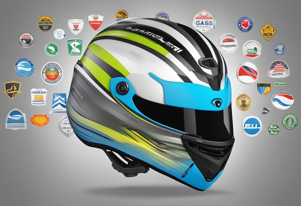 A sleek aero helmet sits on a road bike handlebar, surrounded by safety standards and certification logos