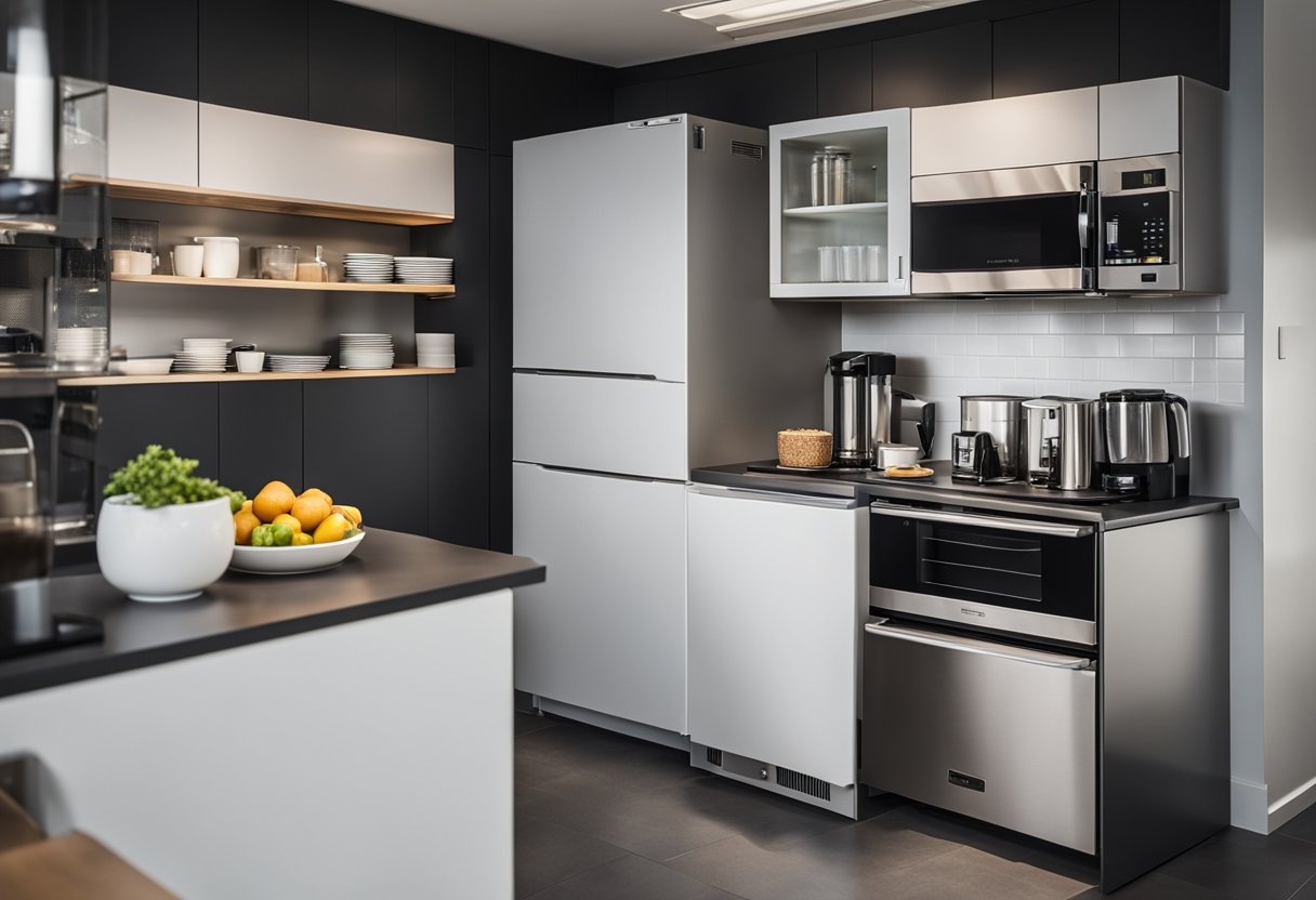 A small office kitchen with modern appliances, sleek countertops, and ample storage. A coffee maker, microwave, and refrigerator are neatly arranged