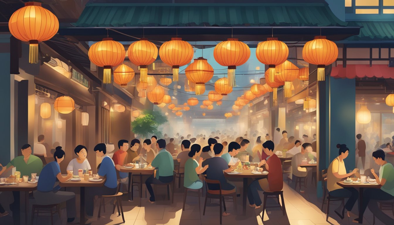 A bustling Hong Kong restaurant in Singapore, with colorful lanterns, steaming woks, and diners enjoying traditional dim sum and tea