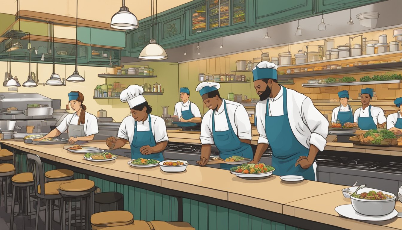 Customers dining at tables, servers taking orders, chef preparing food in open kitchen, sign displaying "Frequently Asked Questions farrer park restaurant"