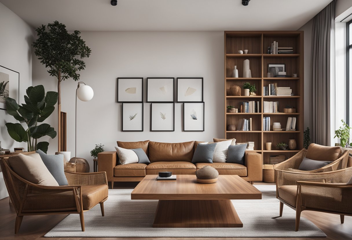 A cozy living room with teak wood furniture, including a sleek coffee table, elegant chairs, and a beautiful bookshelf