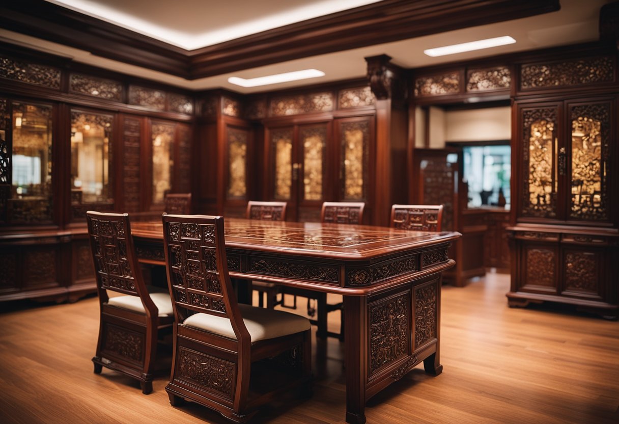 A room filled with intricate rosewood furniture, showcasing the elegance of traditional Chinese design in Singapore. Rich wood tones and ornate carvings create a sense of timeless beauty