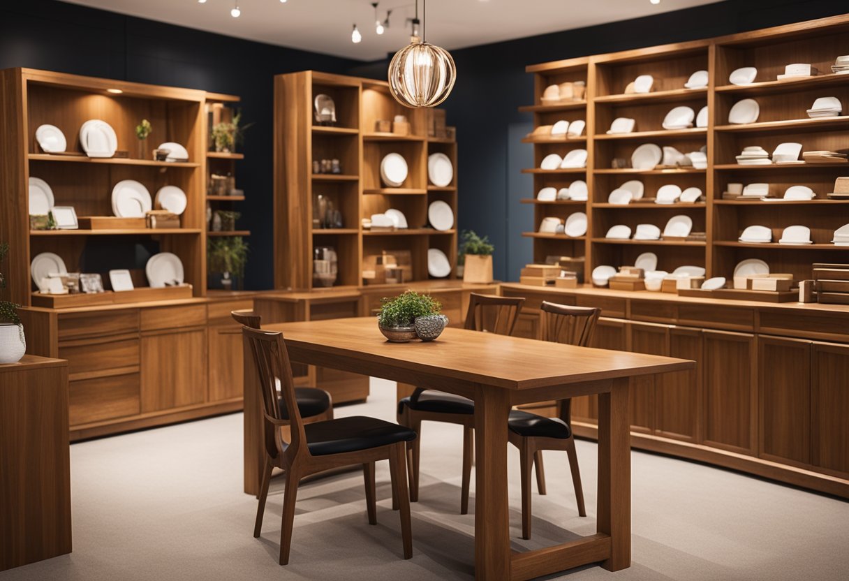 A customer browsing through a showroom filled with teak wood furniture, with promotional signs highlighting the value and excellent customer service