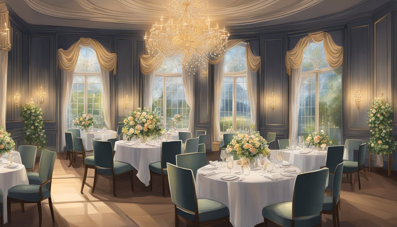 The elegant dining room of Gemma restaurant is adorned with soft candlelight, sparkling chandeliers, and lush floral arrangements, creating a warm and inviting atmosphere for a memorable dining experience