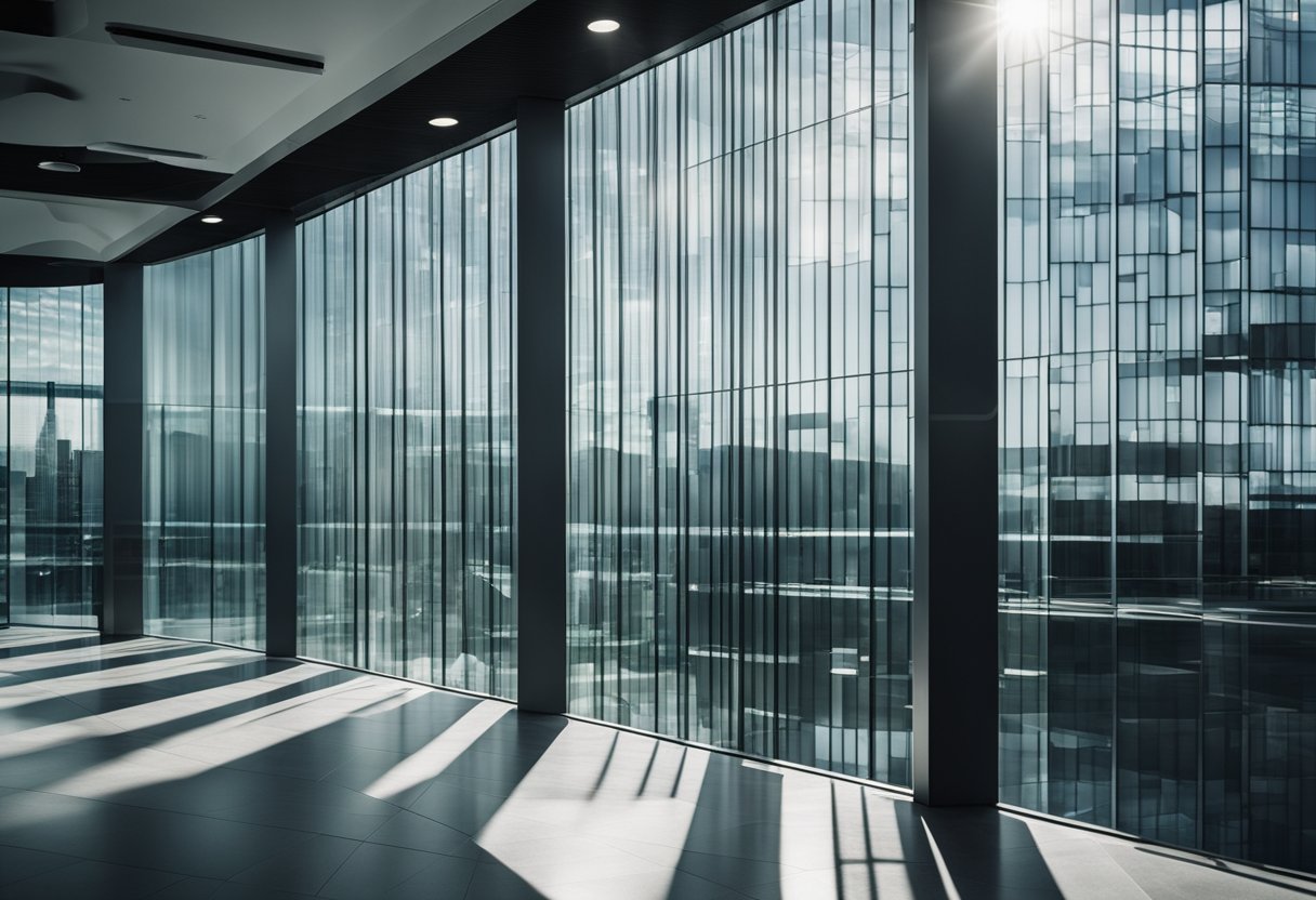 A modern office with glass film design, featuring geometric patterns and a sleek, professional aesthetic. Light filters through, casting interesting shadows