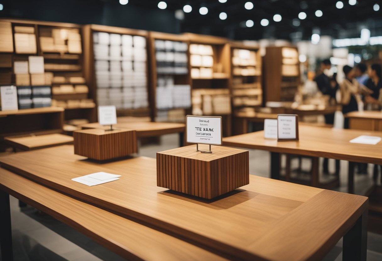 A display of teak wood furniture with price tags, surrounded by customers asking questions to a salesperson in a furniture store in Singapore