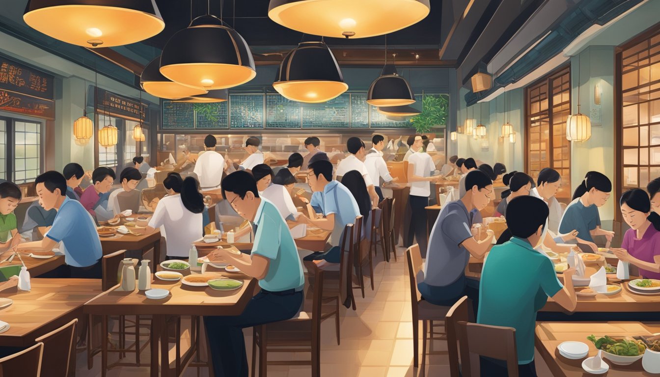 The bustling atmosphere of a Hong Kong restaurant in Singapore, filled with the aroma of sizzling woks and the sound of chopsticks clinking against ceramic plates