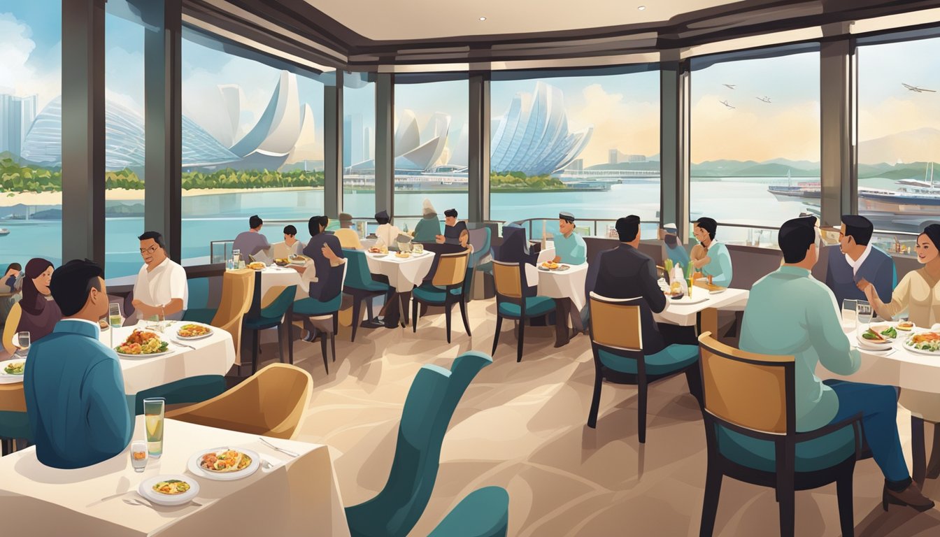 A bustling halal restaurant at Marina Bay Sands, with elegant decor and a view of the waterfront. Diners enjoy a variety of international cuisines in a lively atmosphere