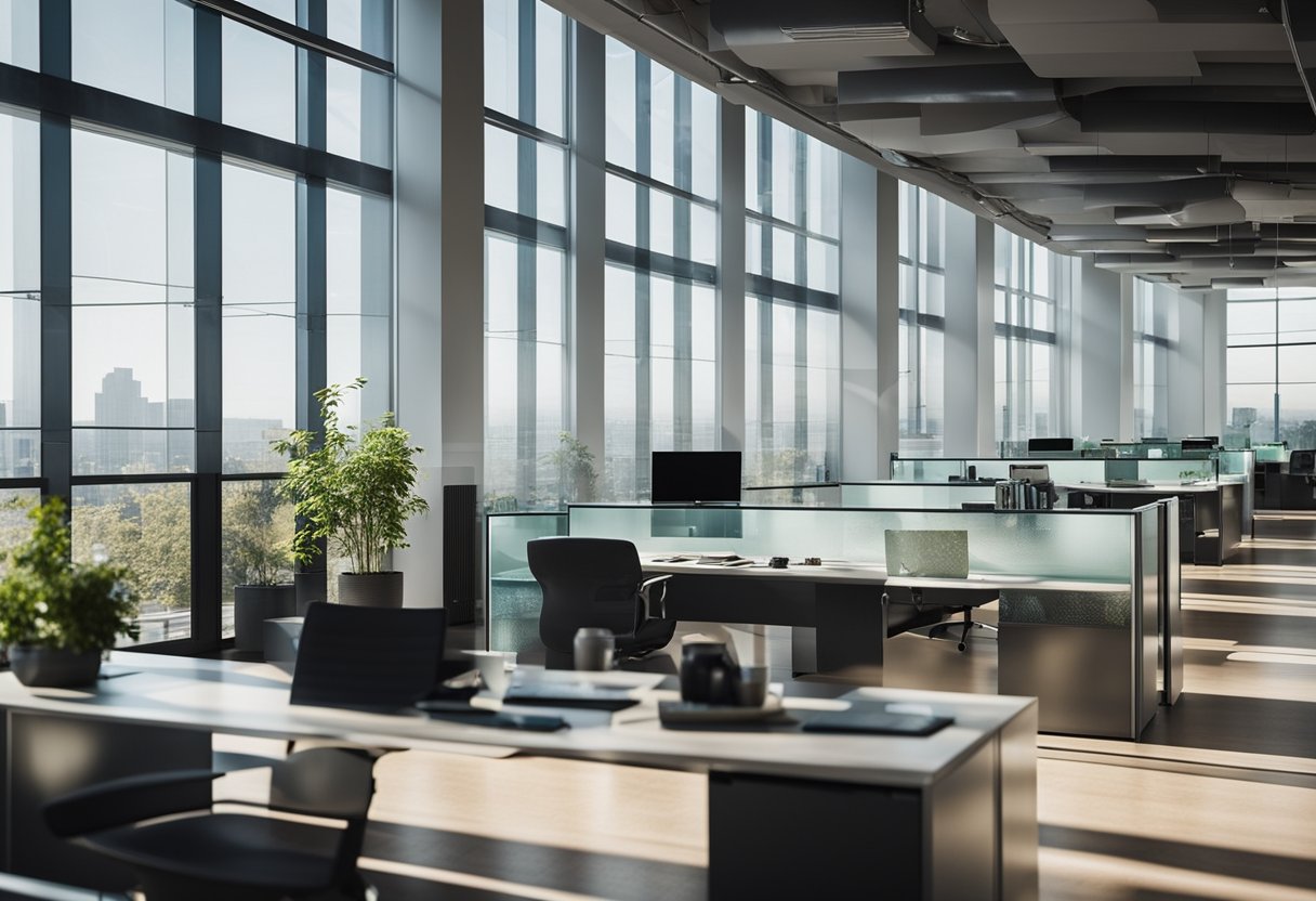 Office desks with various glass film designs. Sunlight casting patterns on walls. Reflective surfaces creating a modern and professional atmosphere