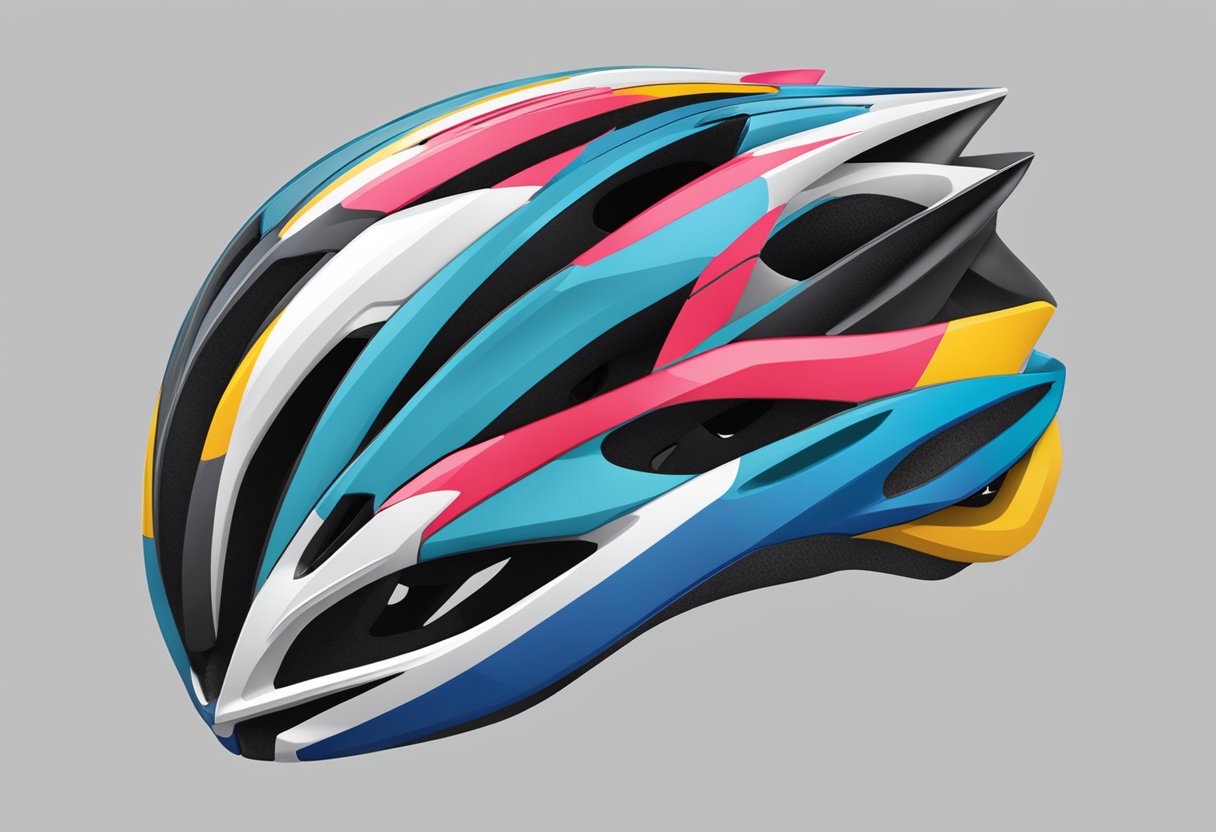 A sleek, aerodynamic road bike helmet with vented design and bold color scheme