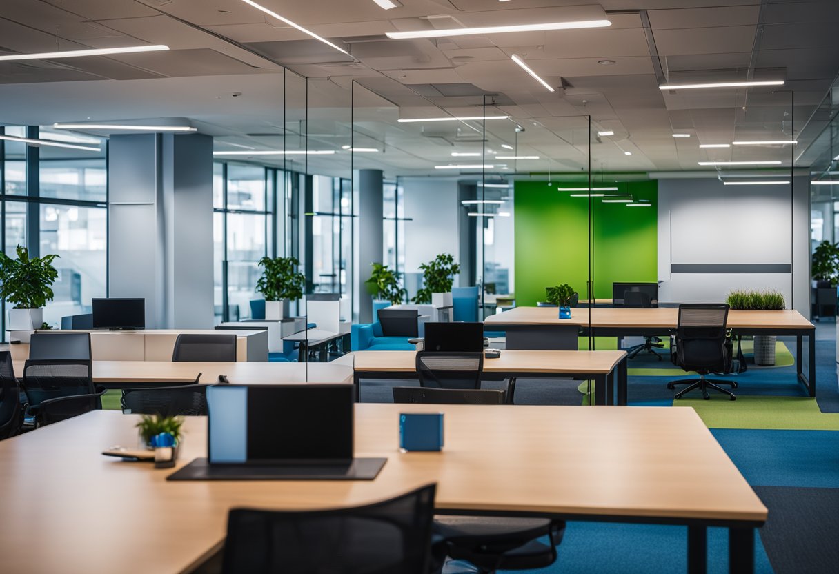 The Facebook office interior features modern, open spaces with vibrant colors, sleek furniture, and innovative technology integration