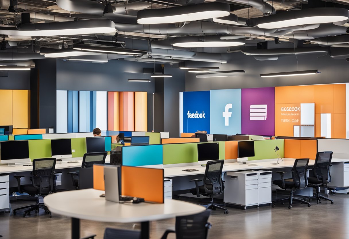 The Facebook office interior features modern furniture, vibrant colors, and open workspaces for collaboration. A wall of FAQs is displayed, with a sleek design and easy-to-read font