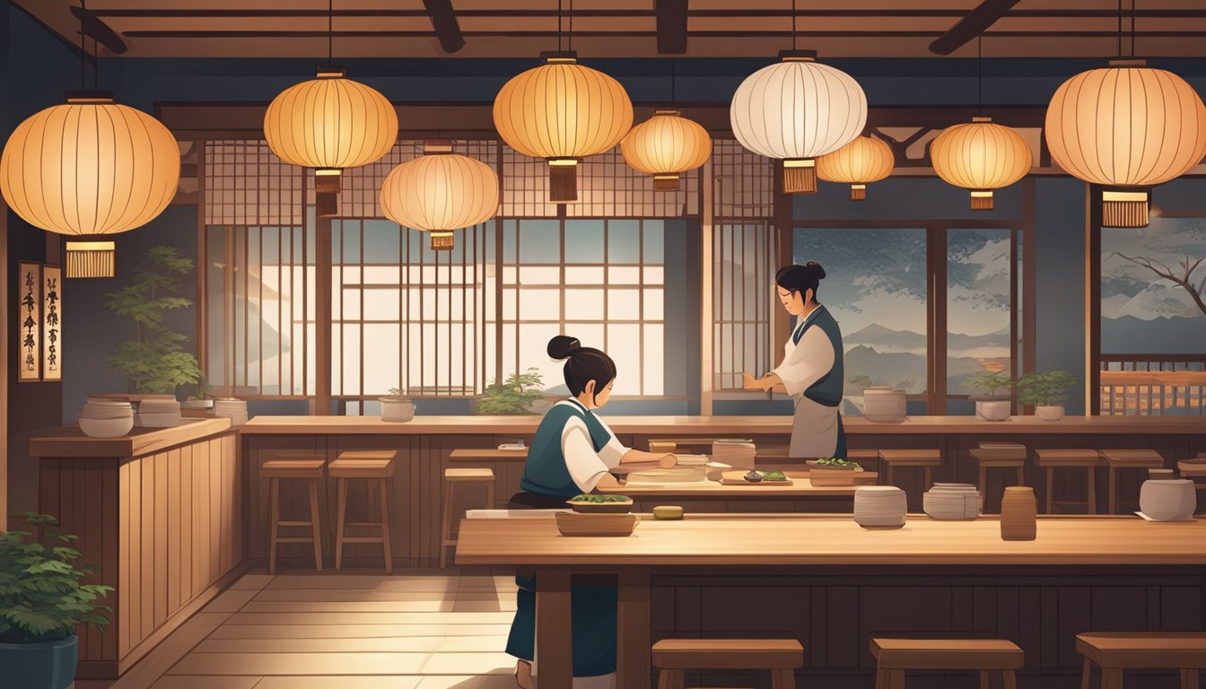 A serene Japanese restaurant, with paper lanterns and wooden tables. A chef skillfully prepares sushi behind the counter. The ambiance is peaceful and inviting