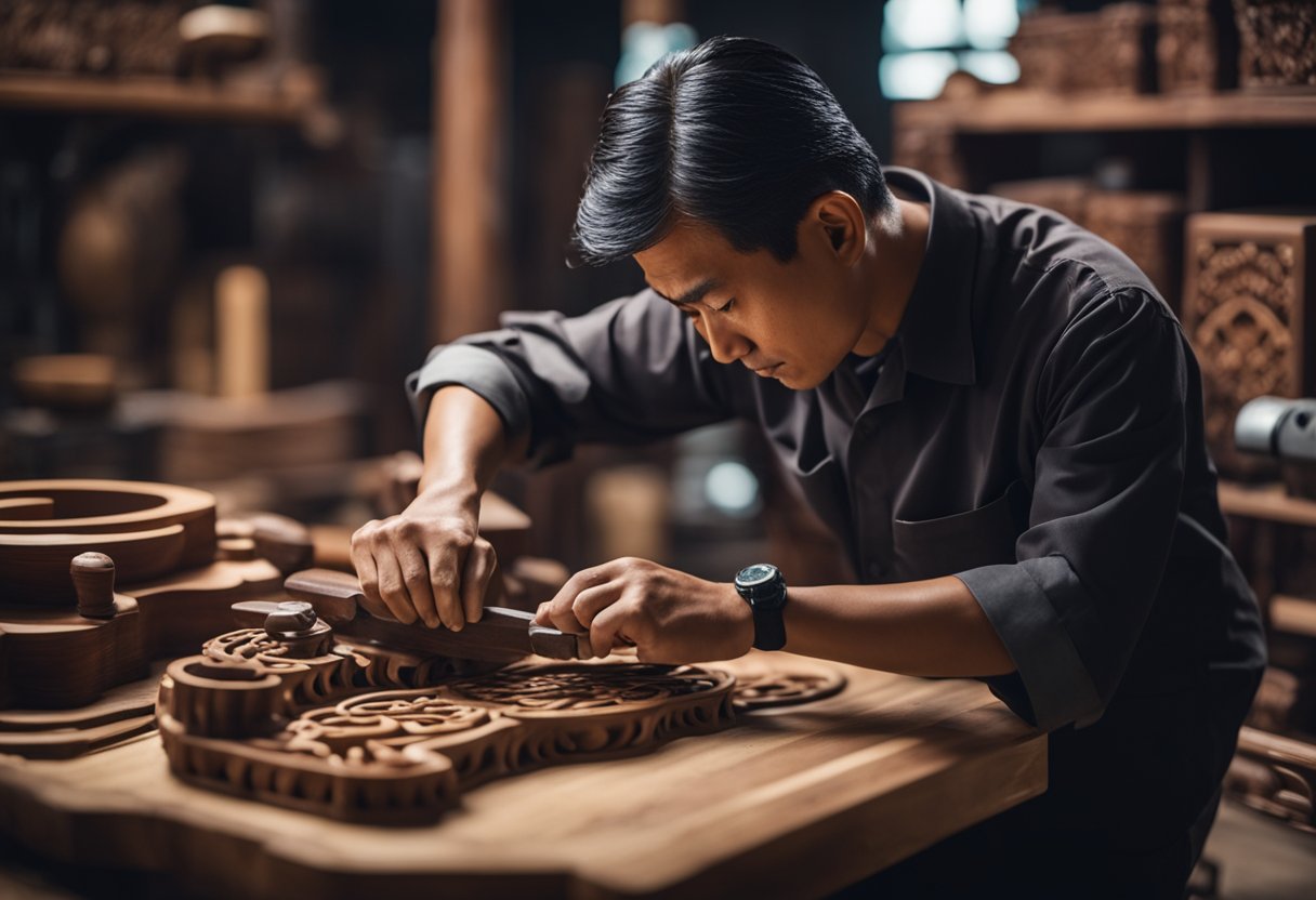 A skilled artisan carves intricate designs into rich, dark rosewood, creating elegant furniture pieces with traditional Chinese craftsmanship