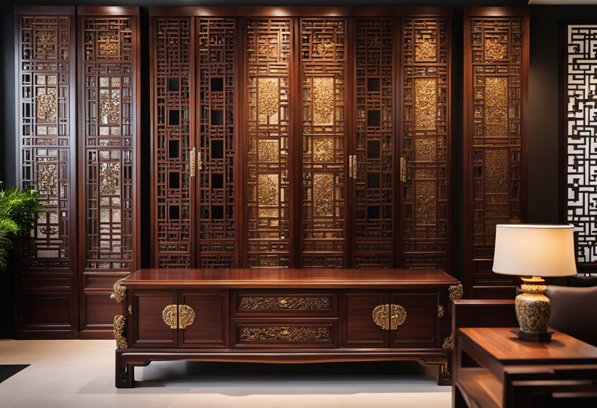 A display of Chinese rosewood furniture in a Singapore showroom, with elegant carvings and rich, dark wood tones