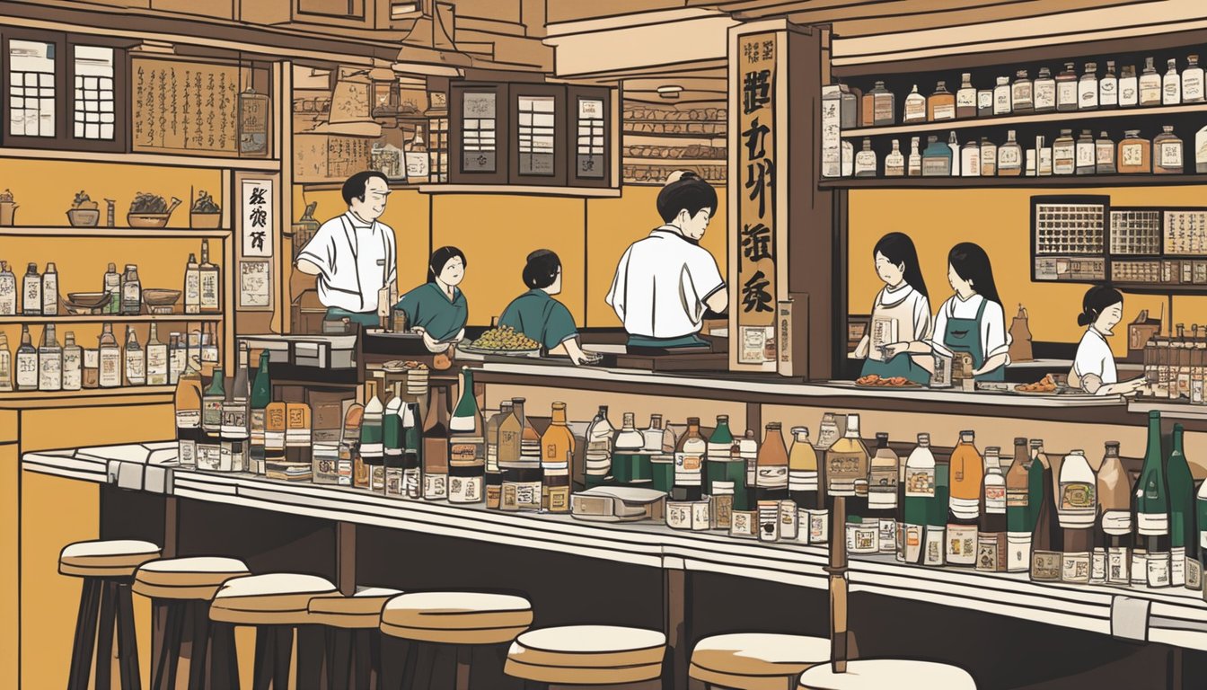 A bustling Japanese restaurant with patrons enjoying sushi and sashimi. The menu board displays "Frequently Asked Questions" in bold lettering. Sake bottles line the shelves behind the bar
