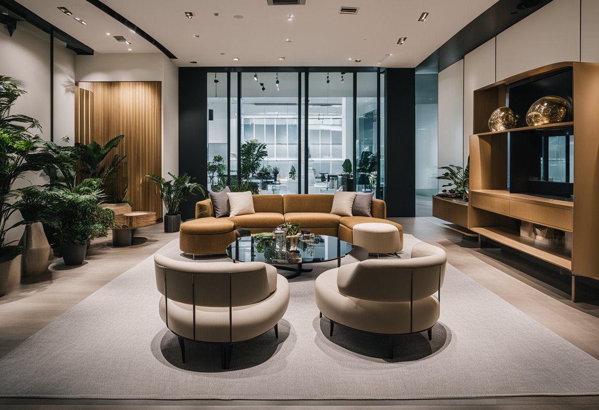 A modern furniture showroom with sleek designs and clean lines, showcasing Taylor B's fine collection in Singapore