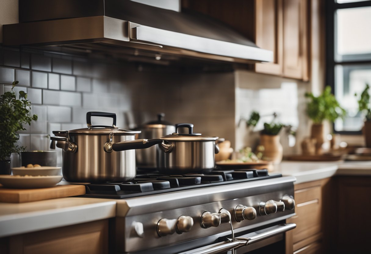 A cozy kitchen with earthy tones, wooden cabinets, and soft lighting. A pot steams on the stove, while a kettle whistles on the burner