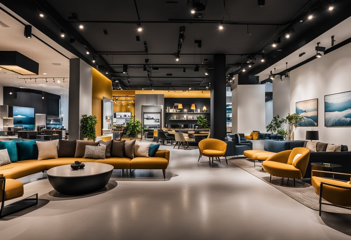 A modern furniture showroom in Singapore, with sleek designs and vibrant colors. Showroom layout includes cozy seating areas and stylish displays
