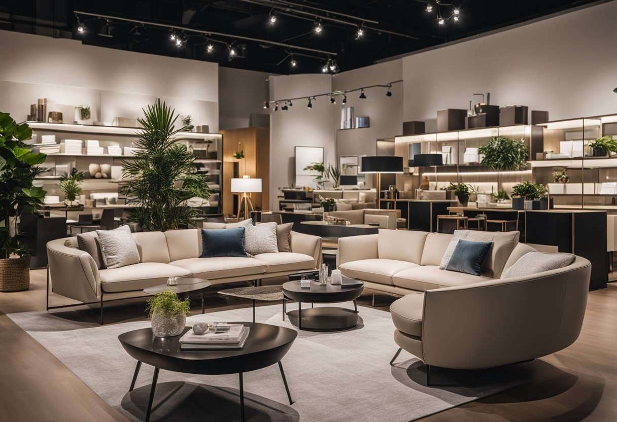 A modern furniture showroom with sleek designs displayed in an organized and inviting manner, with clear signage for easy navigation